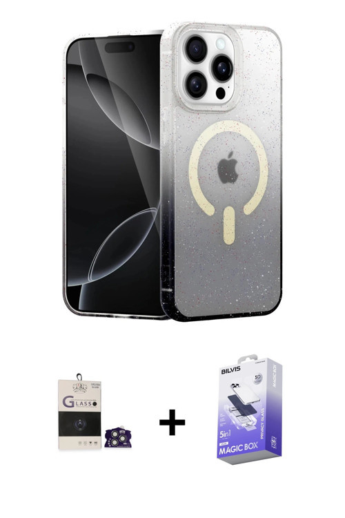 ieg™ iPhone 14 Pro Max Kılıf Eksen Minimal Özel Seri - Siyah Bilvis 5in1 5D Magic Hayalet Cam Ekran