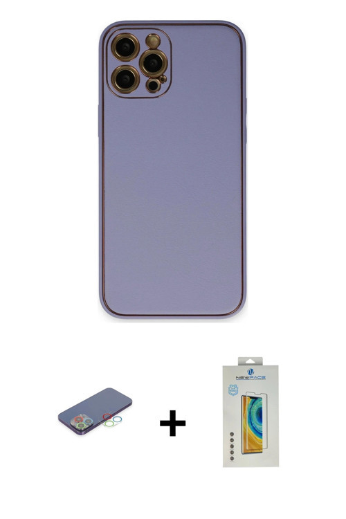 ieg™ iPhone 12 Pro Max Kılıf Yadigar Klasik - Siyah Polymer Nano Ekran Koruyucu + Mavi Renkli Kamera