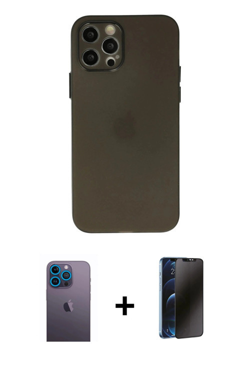 ieg™ iPhone 12 Pro Kılıf Atlas Minimal Prime - Siyah 3D Antistatik Hayalet Cam Ekran Koruyucu + Mavi