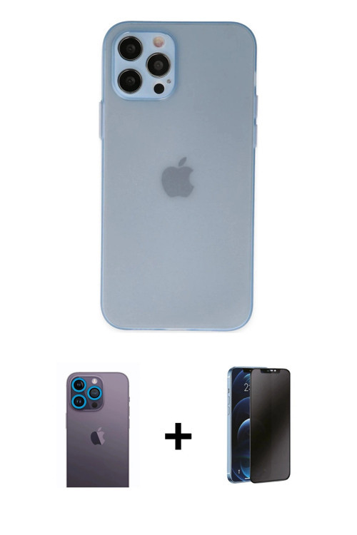 ieg™ iPhone 12 Pro Kılıf Atlas Minimal Prime - Siyah 3D Antistatik Hayalet Cam Ekran Koruyucu + Mavi