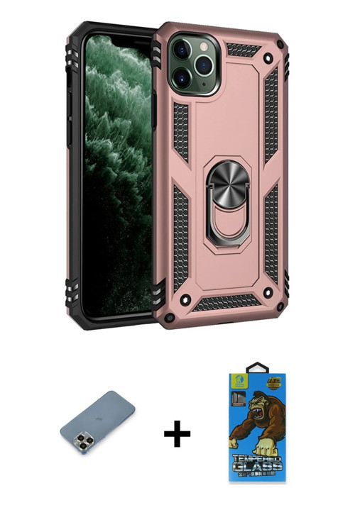 ieg™ iPhone 11 Pro Max Kılıf Ahenk Klasik Koleksiyonu - Siyah 18D Cam Ekran Koruyucu + Gold Metal Ka