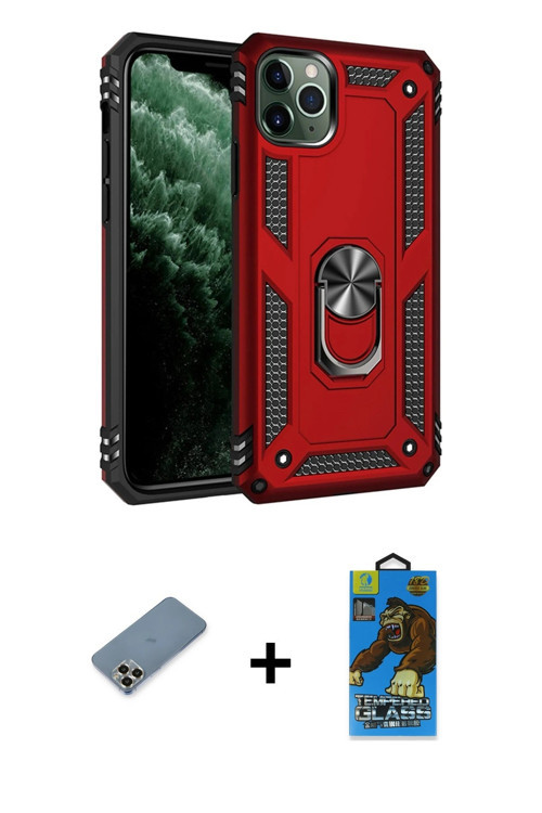 ieg™ iPhone 11 Pro Max Kılıf Ahenk Klasik Koleksiyonu - Siyah 18D Cam Ekran Koruyucu + Gold Metal Ka