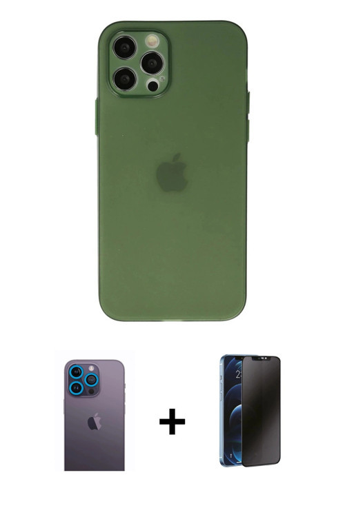 ieg™ iPhone 12 Pro Kılıf Atlas Minimal Prime - Siyah 3D Antistatik Hayalet Cam Ekran Koruyucu + Mavi