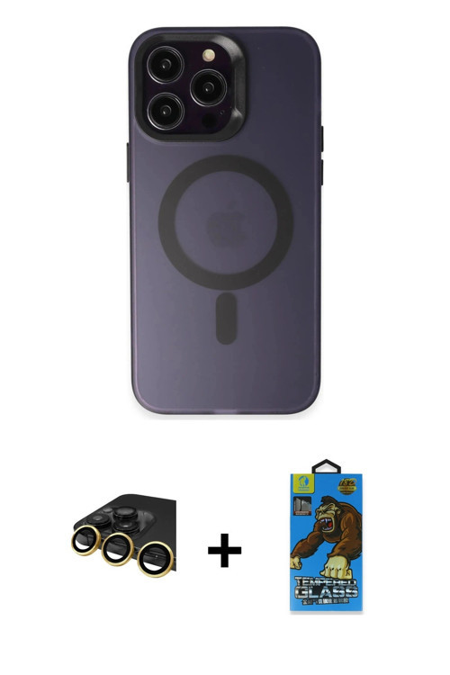 ieg™ iPhone 14 Pro Max Kılıf Kozmos Çizgi Prime - Siyah 18D Cam Ekran Koruyucu + Gold Raze Metal Kam