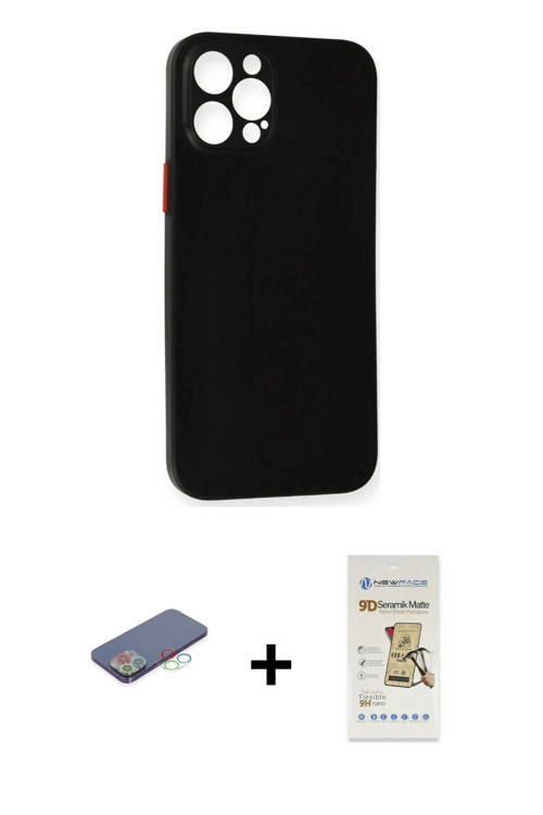 ieg™ iPhone 12 Pro Max Kılıf Yadigar Yansıma Serisi - Siyah Mat Seramik Nano Ekran Koruyucu + Mavi R