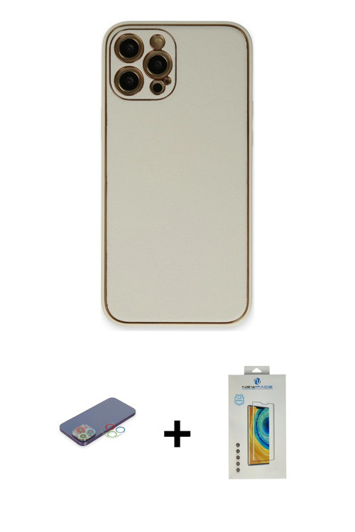 ieg™ iPhone 12 Pro Max Kılıf Yadigar Klasik - Siyah Polymer Nano Ekran Koruyucu + Mavi Renkli Kamera
