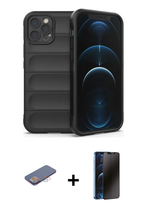 ieg™ iPhone 12 Pro Kılıf Atlas Koleksiyonu - Siyah 3D Antistatik Hayalet Cam Ekran Koruyucu + Pembe