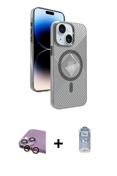 ieg™ iPhone 15 Kılıf Nova Modern Prime - Siyah Joko Magic 5D Cam + Sarı Raze Metal Kamera Lens