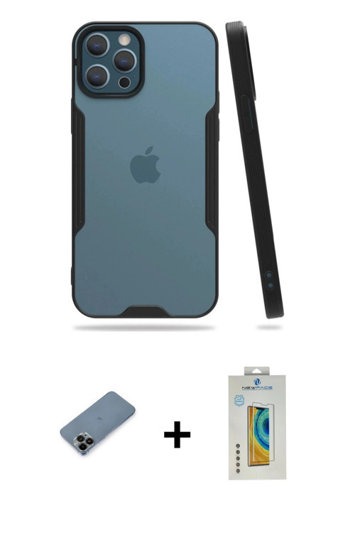ieg™ iPhone 12 Pro Max Kılıf Atlas Asil Serisi - Siyah Polymer Nano Ekran Koruyucu + Siyah Shine Kam