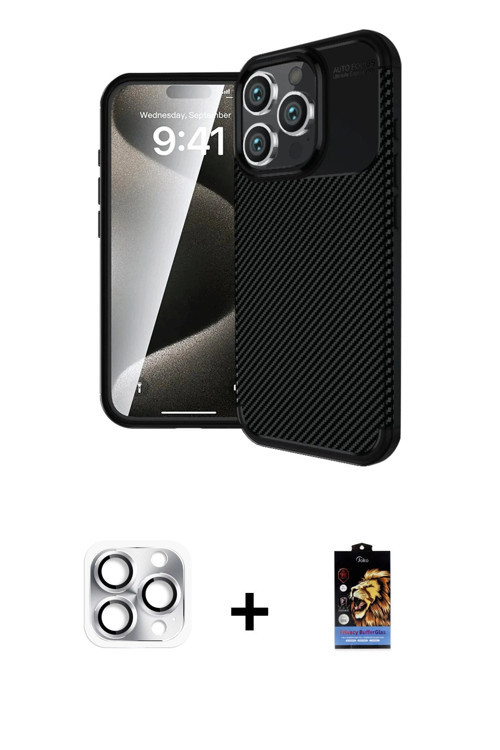 ieg™ iPhone 16 Pro Max Kılıf Eksen Form Prime - Siyah Buffer Hayalet Cam Ekran Koruyucu + Gümüş Pers