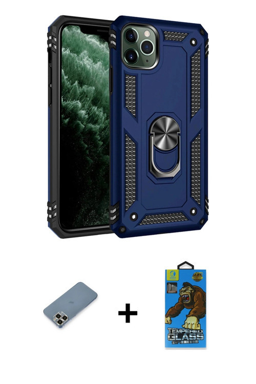 ieg™ iPhone 11 Pro Max Kılıf Ahenk Klasik Koleksiyonu - Siyah 18D Cam Ekran Koruyucu + Gold Metal Ka