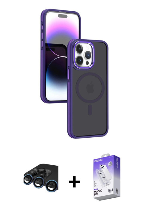 ieg™ iPhone 15 Pro Kılıf Yörünge Klasik - Siyah Bilvis 5in1 3D Magic Cam Ekran Koruyucu + Lacivert R