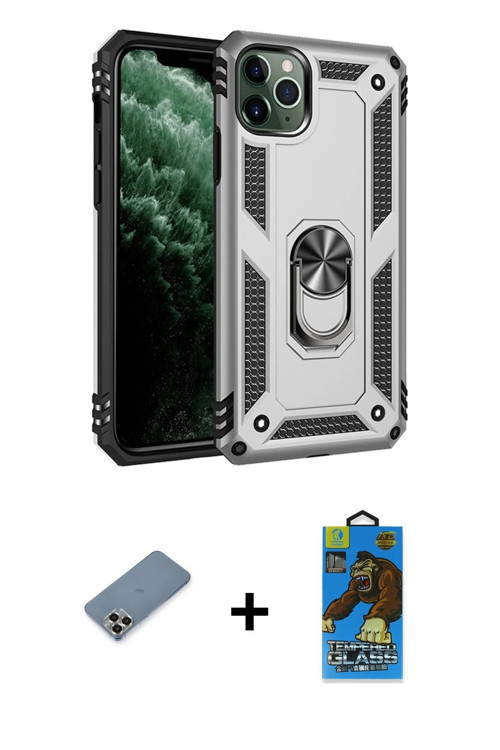 ieg™ iPhone 11 Pro Max Kılıf Ahenk Klasik Koleksiyonu - Siyah 18D Cam Ekran Koruyucu + Gold Metal Ka