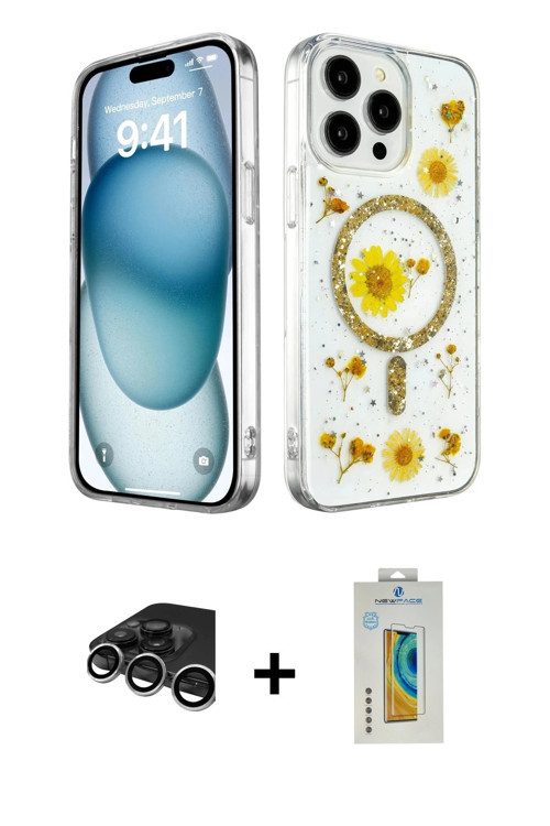 iPhone 15 Pro Kılıf Kozmos Doku - Siyah Polymer Nano Ekran Koruyucu + Gümüş Raze Metal Kamera L