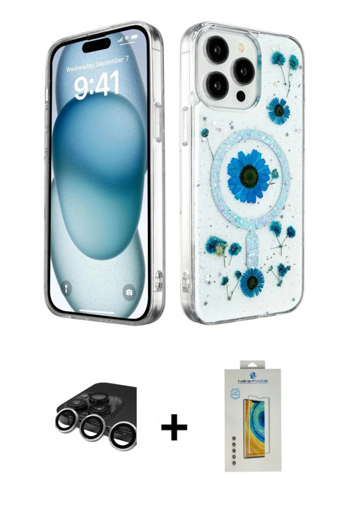 iPhone 15 Pro Kılıf Kozmos Doku - Siyah Polymer Nano Ekran Koruyucu + Gümüş Raze Metal Kamera L