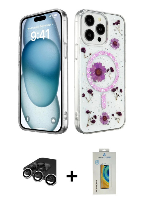 iPhone 15 Pro Kılıf Kozmos Doku - Siyah Polymer Nano Ekran Koruyucu + Gümüş Raze Metal Kamera L