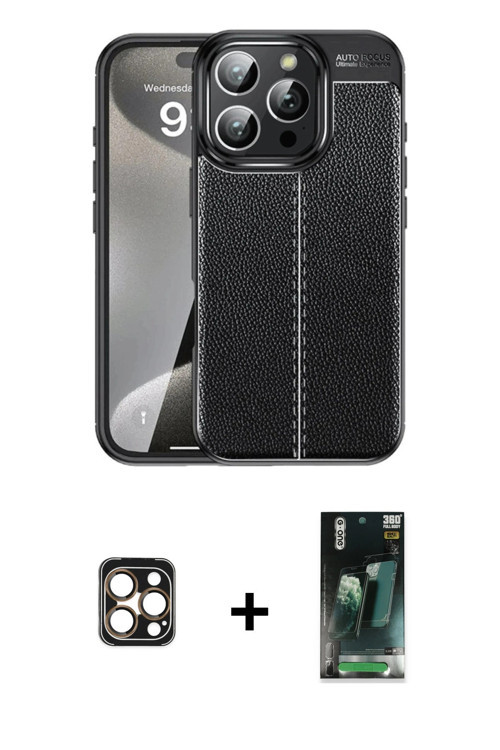 ieg™ iPhone 16 Pro Max Kılıf Doruk Klasik Özel Seri - Siyah 360 Mat Full Body Arka Koruyucu + Gold P