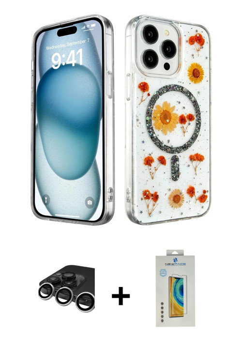 iPhone 15 Pro Kılıf Kozmos Doku - Siyah Polymer Nano Ekran Koruyucu + Gümüş Raze Metal Kamera L