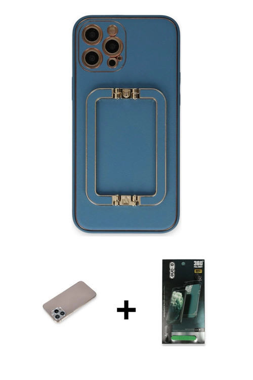 ieg™ iPhone 12 Pro Max Kılıf Kozmos Minimal Prime - Şeffaf 360 Full Body Arka Koruyucu + Sierra Blue