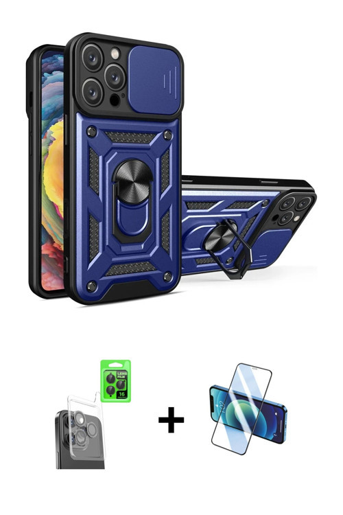 ieg™ iPhone 16 Pro Kılıf Ahenk Klasik - Siyah 3D Antistatik Cam Ekran Koruyucu + Siyah Raze Metal Ka