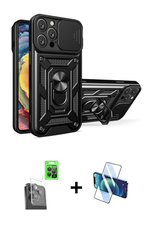 ieg™ iPhone 16 Pro Kılıf Ahenk Klasik - Siyah 3D Antistatik Cam Ekran Koruyucu + Siyah Raze Metal Ka