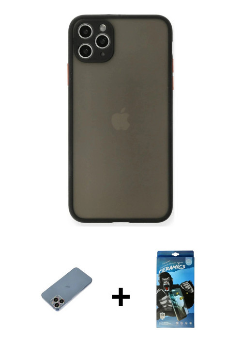 ieg™ iPhone 11 Pro Max Kılıf Ahenk Çizgi Serisi - Siyah 34D Izgaralı Cam + Gökkuşağı Shine Kamera Le