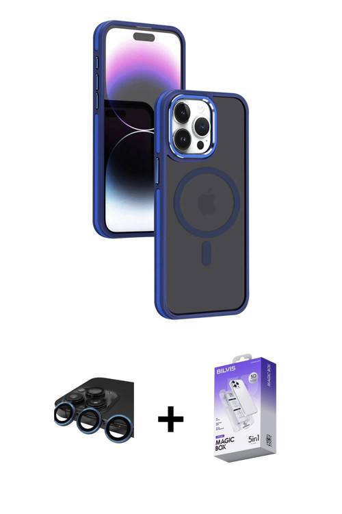 ieg™ iPhone 15 Pro Kılıf Yörünge Klasik - Siyah Bilvis 5in1 3D Magic Cam Ekran Koruyucu + Lacivert R