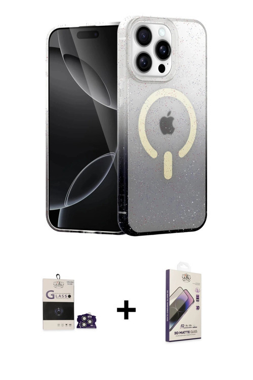 ieg™ iPhone 14 Pro Max Kılıf Eksen Minimal Özel Seri - Siyah Bilvis 3D Mat Cam Ekran Koruyucu + Gümü