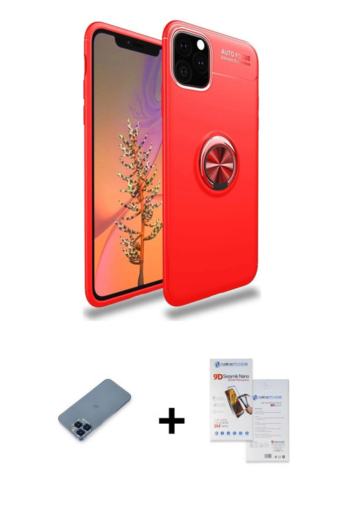 ieg™ iPhone 11 Pro Max Kılıf Yankı Form Prime - Siyah Seramik Nano Ekran Koruyucu + Mavi Metal Kamer