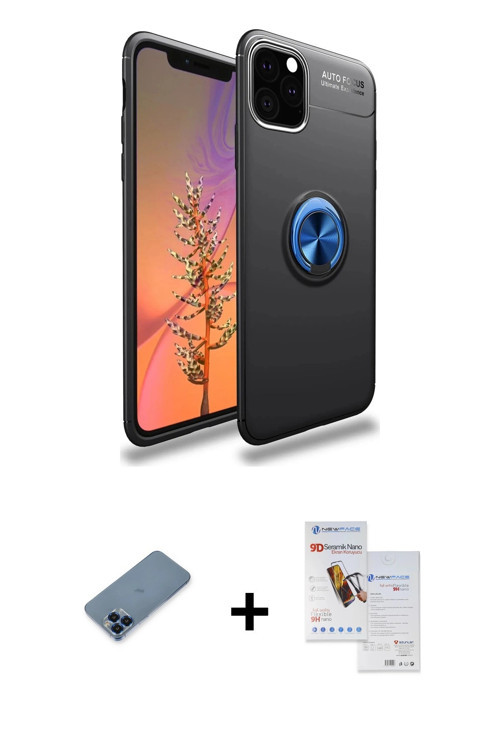 ieg™ iPhone 11 Pro Max Kılıf Yankı Form Prime - Siyah Seramik Nano Ekran Koruyucu + Mavi Metal Kamer