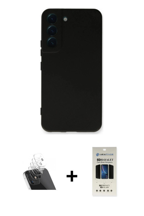 ieg™ Galaxy S22 Plus Kılıf Ahenk Serisi - Siyah 5D Hayalet Cam Ekran Koruyucu + Şeffaf Kamera Lens K