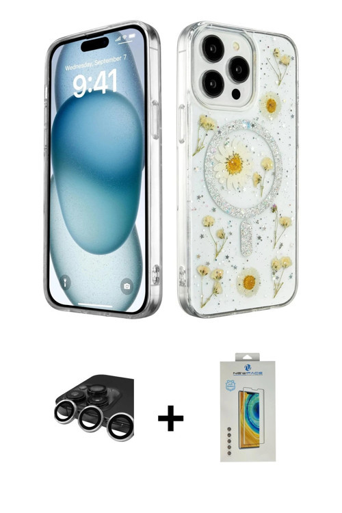 iPhone 15 Pro Kılıf Kozmos Doku - Siyah Polymer Nano Ekran Koruyucu + Gümüş Raze Metal Kamera L