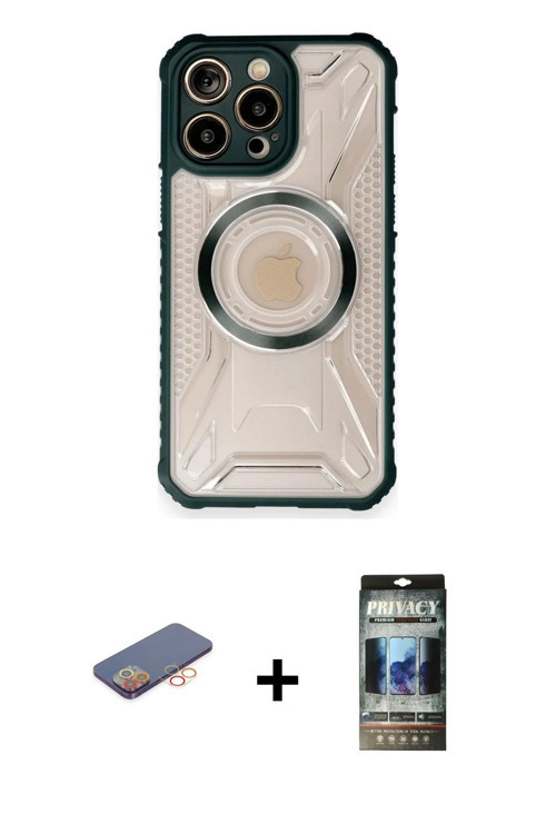 iPhone 12 Pro Kılıf Kutup Modern - Siyah 34D Hayalet Izgaralı Cam + Turuncu Renkli Kamera Lens