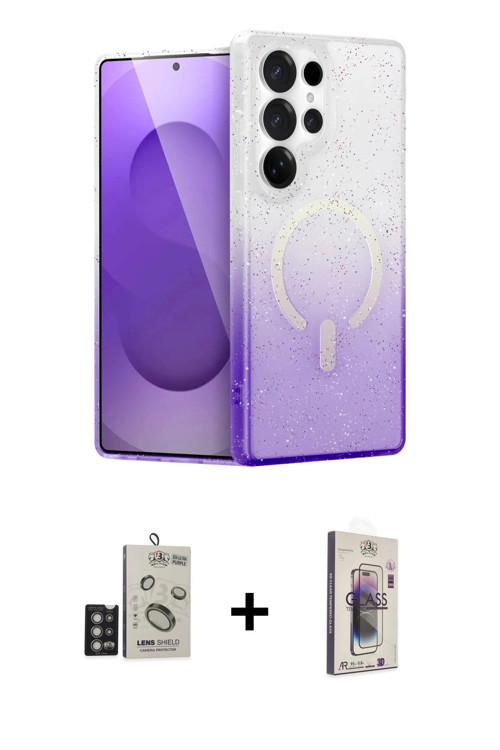 Galaxy S24 Ultra Kılıf Eksen Minimal Özel Seri - Siyah Bilvis 3D Cam Ekran Koruyucu + Derin Mor
