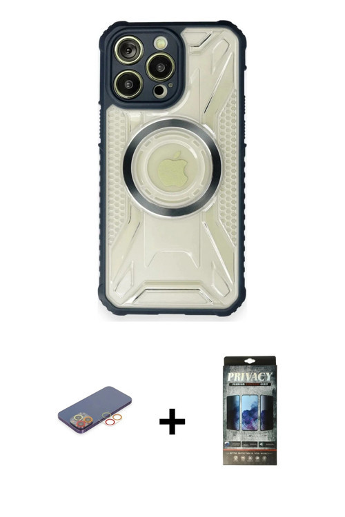 iPhone 12 Pro Kılıf Kutup Modern - Siyah 34D Hayalet Izgaralı Cam + Turuncu Renkli Kamera Lens