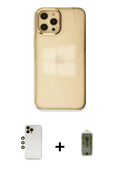 ieg™ iPhone 12 Pro Max Kılıf Doruk Doku Prime - Siyah Joko Magic 5D Hayalet Cam + Gold Shine Kamera