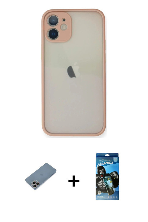 ieg™ iPhone 11 Pro Max Kılıf Ahenk Çizgi Serisi - Siyah 34D Izgaralı Cam + Gökkuşağı Shine Kamera Le