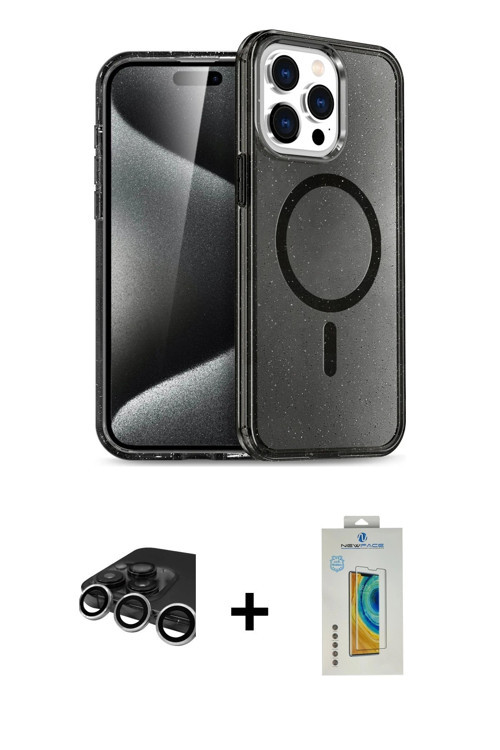 ieg™ iPhone 15 Pro Kılıf Eksen Doku Koleksiyonu - Siyah Polymer Nano Ekran Koruyucu + Gümüş Raze Met