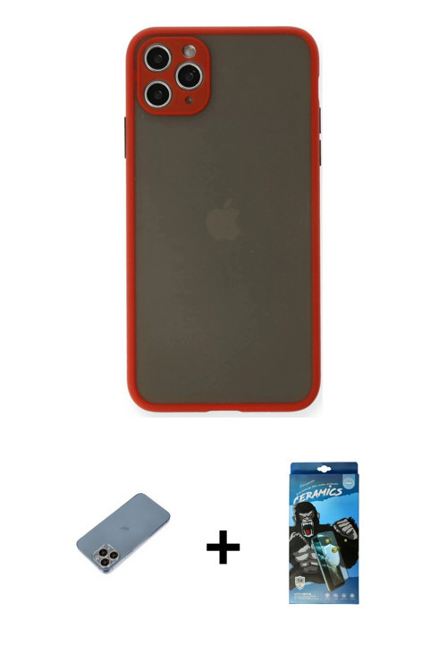 ieg™ iPhone 11 Pro Max Kılıf Ahenk Çizgi Serisi - Siyah 34D Izgaralı Cam + Gökkuşağı Shine Kamera Le