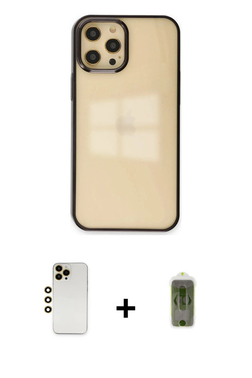ieg™ iPhone 12 Pro Max Kılıf Doruk Doku Prime - Siyah Joko Magic 5D Hayalet Cam + Gold Shine Kamera