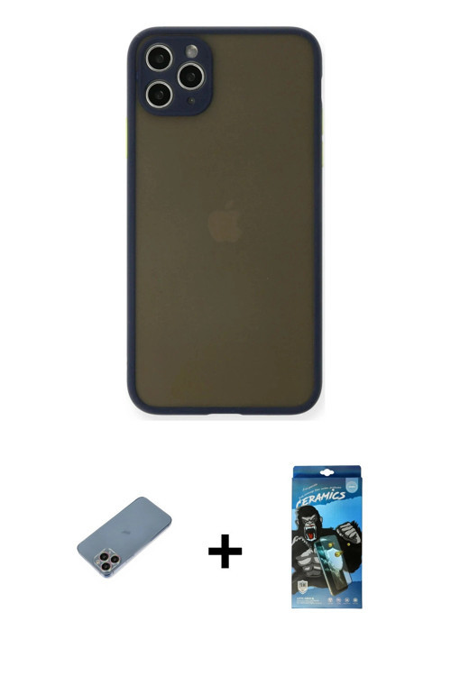ieg™ iPhone 11 Pro Max Kılıf Ahenk Çizgi Serisi - Siyah 34D Izgaralı Cam + Gökkuşağı Shine Kamera Le