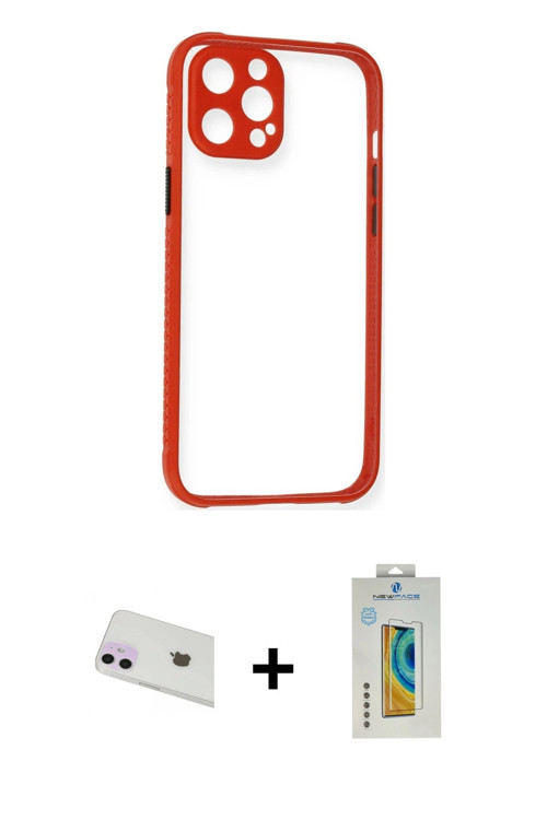 ieg™ iPhone 12 Kılıf Nova Asil Özel Seri - Siyah Polymer Nano Ekran Koruyucu + Mor Rainbow Kamera Le