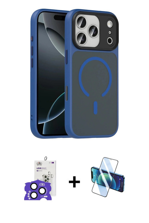 ieg™ iPhone 17 Pro Max Kılıf Doruk Form Serisi - Siyah 3D Antistatik Cam Ekran Koruyucu + Lacivert B