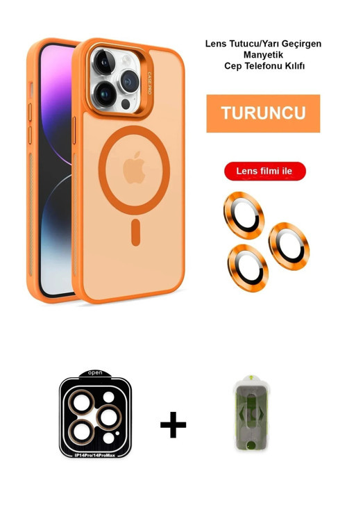 ieg™ iPhone 14 Pro Max Kılıf Akış Form - Siyah Joko Magic 5D Hayalet Cam + Turuncu PVD Metal Kamera