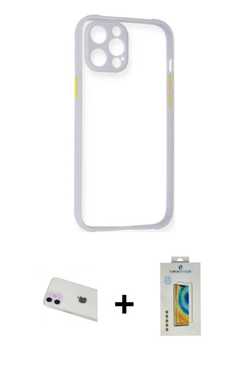 ieg™ iPhone 12 Kılıf Nova Asil Özel Seri - Siyah Polymer Nano Ekran Koruyucu + Mor Rainbow Kamera Le