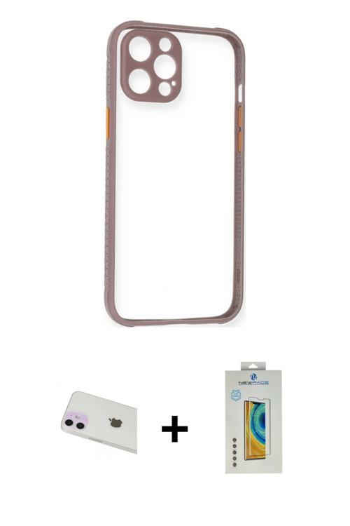 ieg™ iPhone 12 Kılıf Nova Asil Özel Seri - Siyah Polymer Nano Ekran Koruyucu + Mor Rainbow Kamera Le