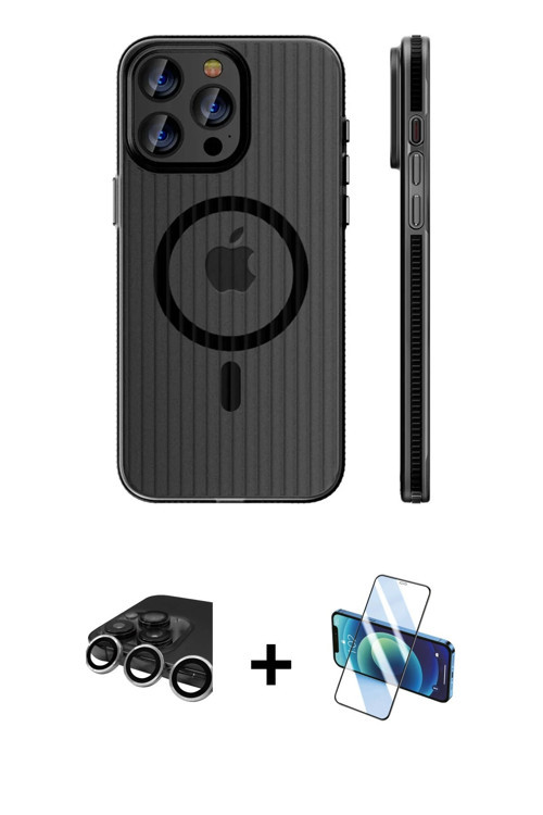 ieg™ iPhone 15 Pro Max Kılıf Pusula Minimal Koleksiyonu - Siyah 3D Antistatik Seramik Nano Ekran Kor
