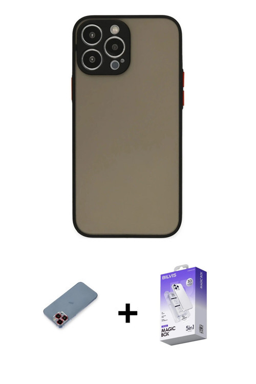ieg™ iPhone 13 Pro Max Kılıf Ahenk Çizgi Serisi - Siyah Bilvis 5in1 3D Magic Cam Ekran Koruyucu + Kı