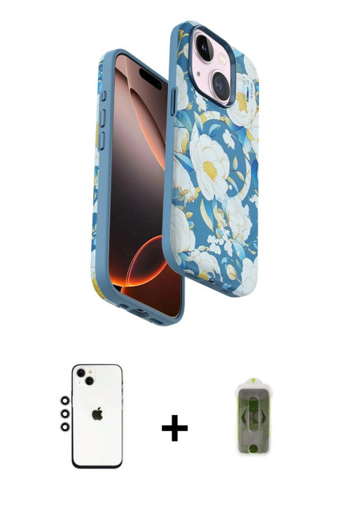 ieg™ iPhone 14 Kılıf Siluet Doku - Siyah Joko Magic 5D Hayalet Cam + Gümüş Shine Kamera Lens