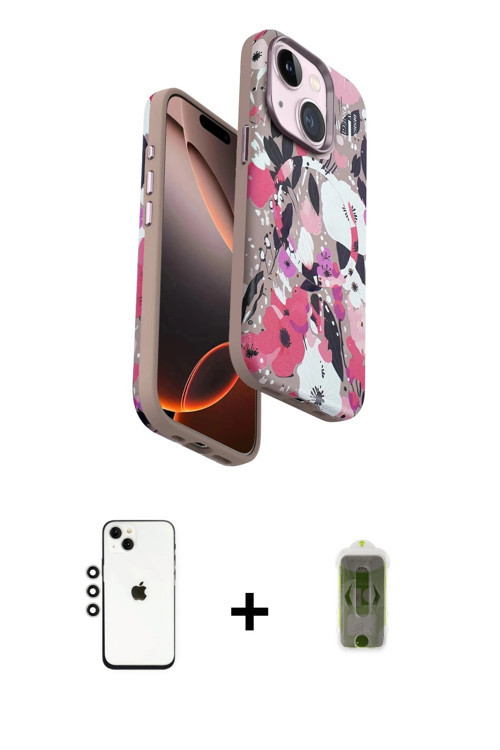 ieg™ iPhone 14 Kılıf Siluet Doku - Siyah Joko Magic 5D Hayalet Cam + Gümüş Shine Kamera Lens